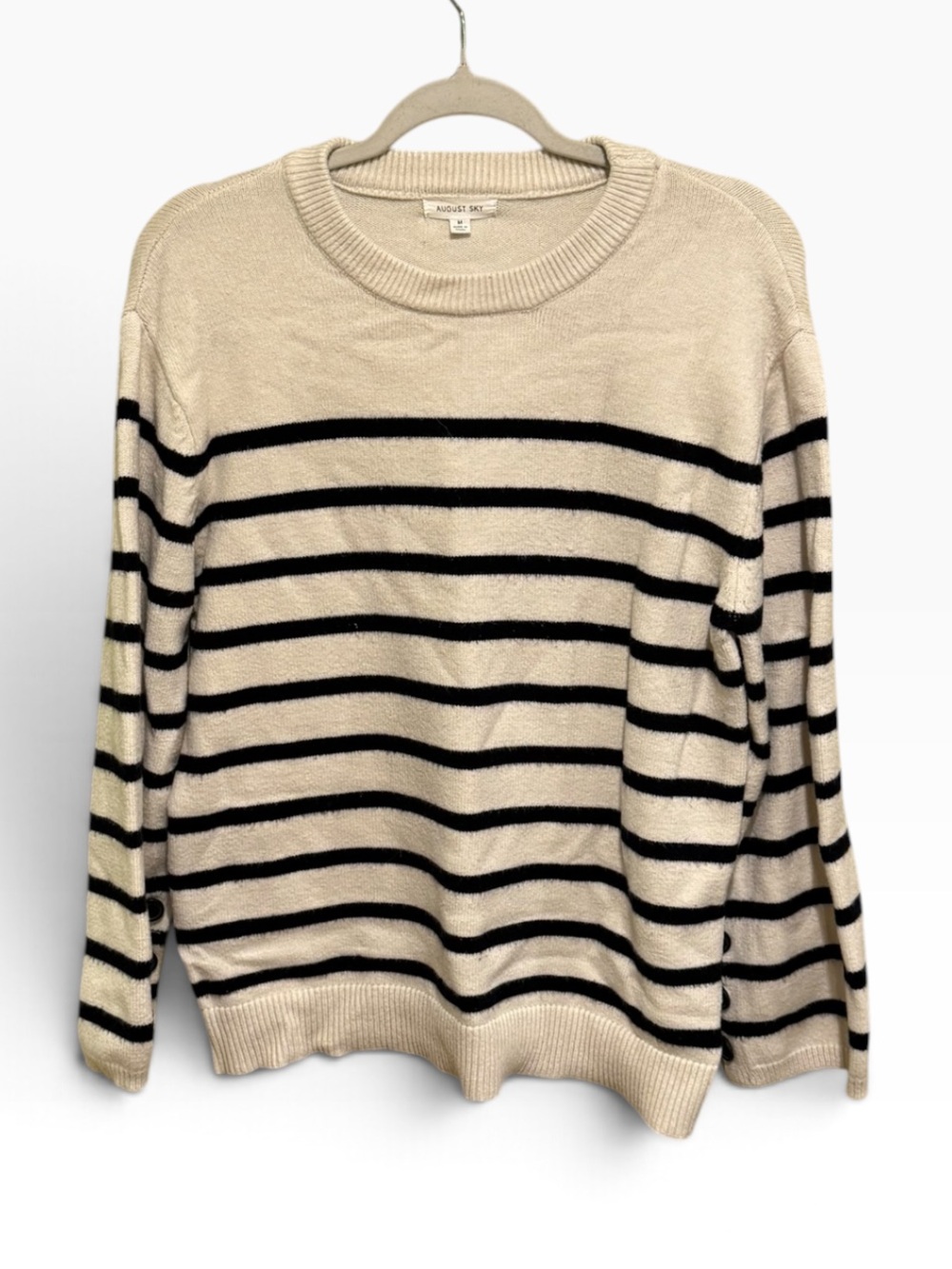 August Sky Cream Black Striped Crewneck Sweater Breton Stripe Long Sleeve Size M